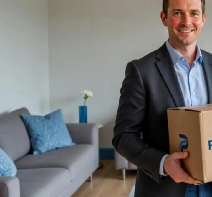 Customer reviewing delivered products in a calm, modern home setting