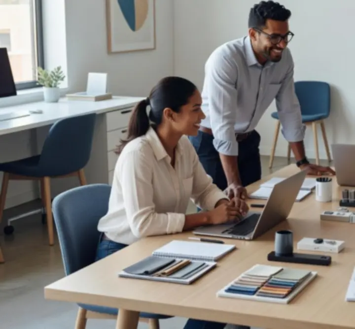 Professional team collaborating in a modern workspace