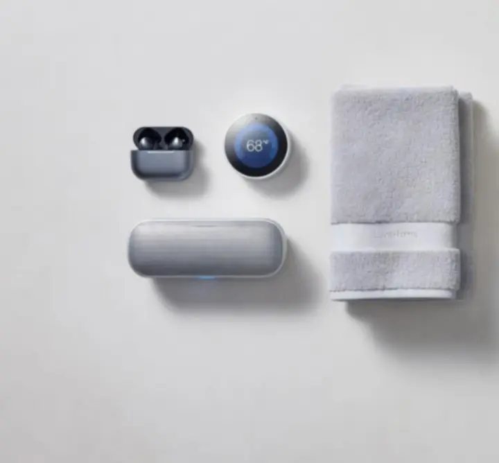 Flatlay of assorted consumer products neatly arranged on a shelf