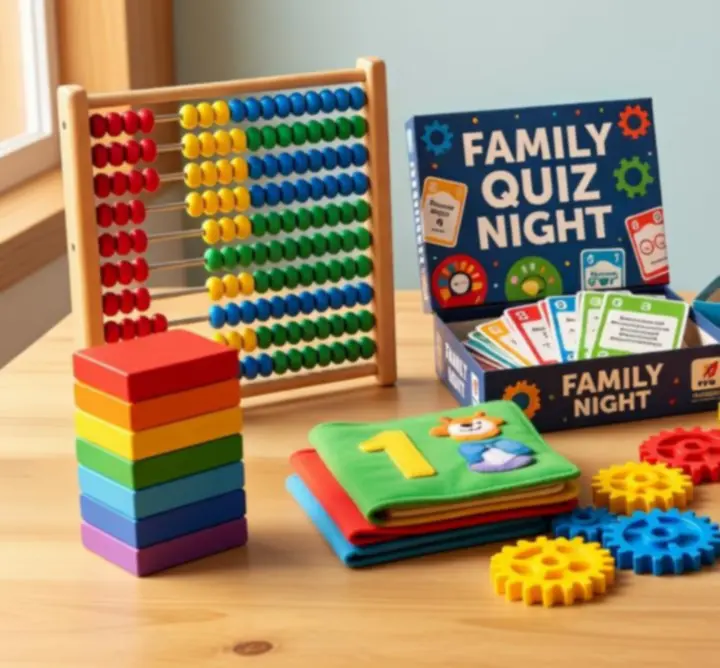 Children's toys and family games arranged on a table